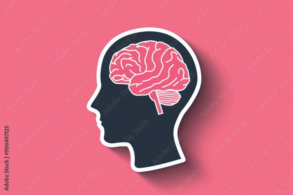 Conceptual illustration of a human head silhouette with a brain on a pink background Conceptual illustration of a human head silhouette with a brain on a pink background