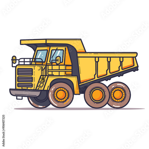 Yellow dump truck cartoon detailed illustration. Heavy construction machinery building activities. Kids toy dump truck six wheels, side view isolated white background