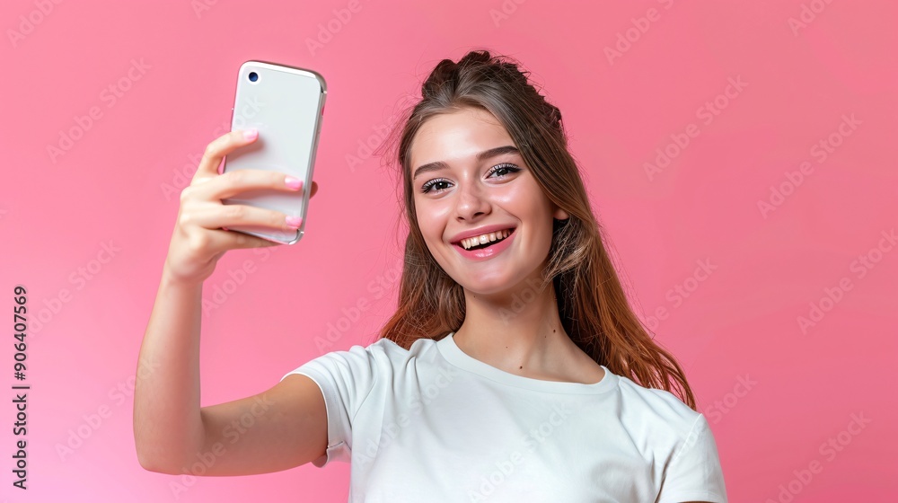Girl taking a selfie with a cheerful expression, solid color background, ultra-clear and detailed Girl taking a selfie with a cheerful expression, solid color background, ultra-clear and detailed