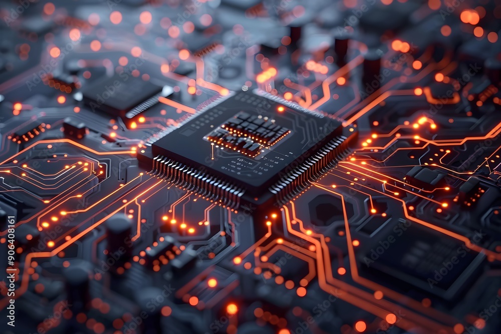 Intricate Circuit Board with Glowing Connections and Microchip Intricate Circuit Board with Glowing Connections and Microchip