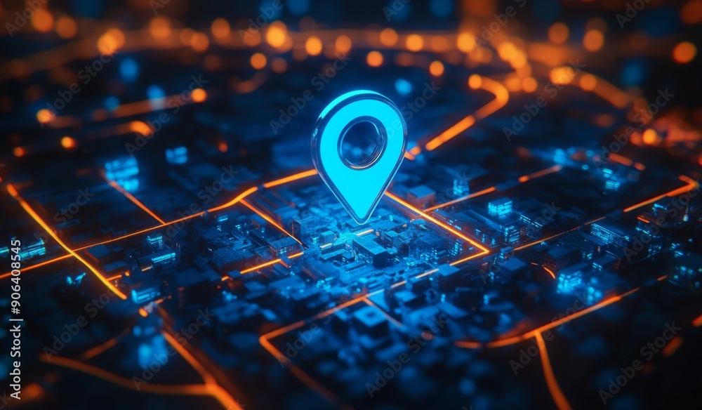 A map with a GPS tracking system, data visualization lines, tracing locations in a city with a pinpoint icon, 3d lighting effect A map with a GPS tracking system, data visualization lines, tracing locations in a city with a pinpoint icon, 3d lighting effect