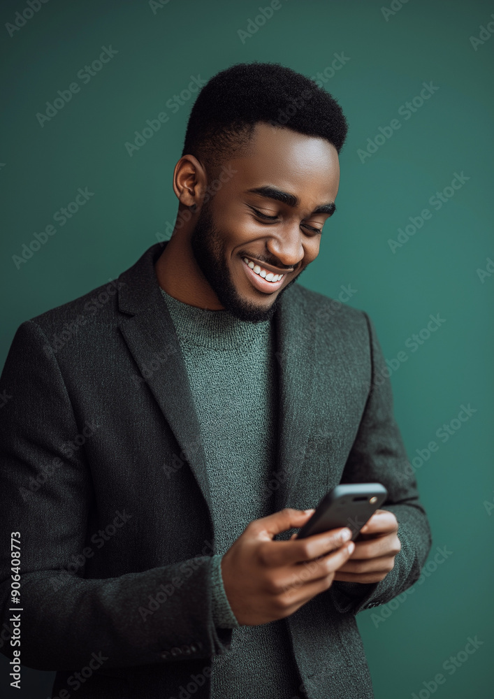 Smiling Black Man Using Smartphone Against Green Background Smiling Black Man Using Smartphone Against Green Background