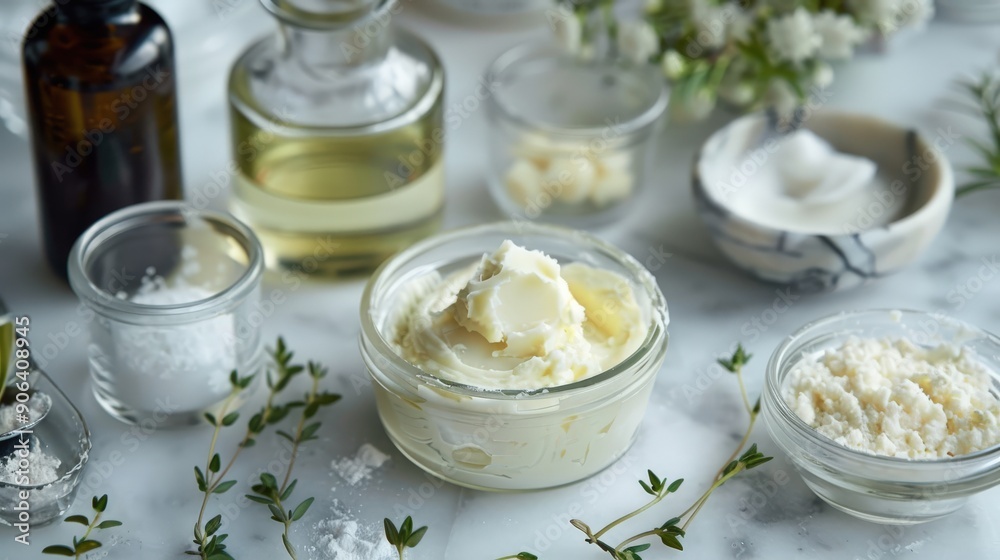 Natural skincare ingredients arranged on a countertop, highlighting the process of making homemade creams using fresh, organic elements Natural skincare ingredients arranged on a countertop, highlighting the process of making homemade creams using fresh, organic elements