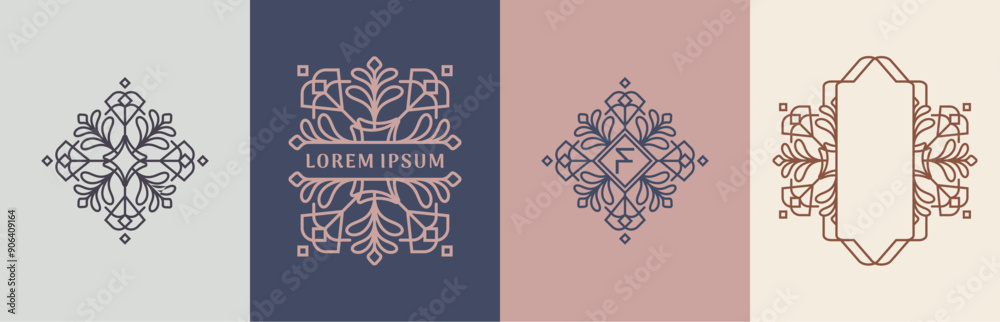 Luxury flowers and leaves logo design. Frames with copy space for text or letter. Abstract vector based creative line style template.