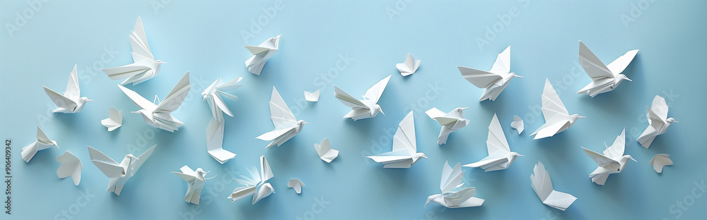 Flock of white origami paper birds on a light blue background Flock of white origami paper birds on a light blue background