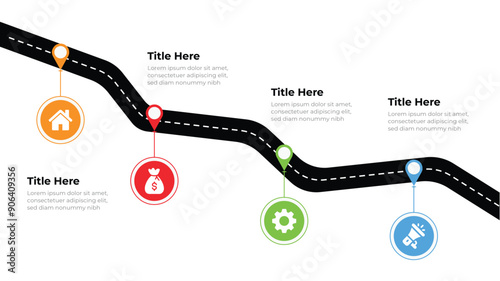 Road infographics. Winding road to success with pin pointers. Business journey way.