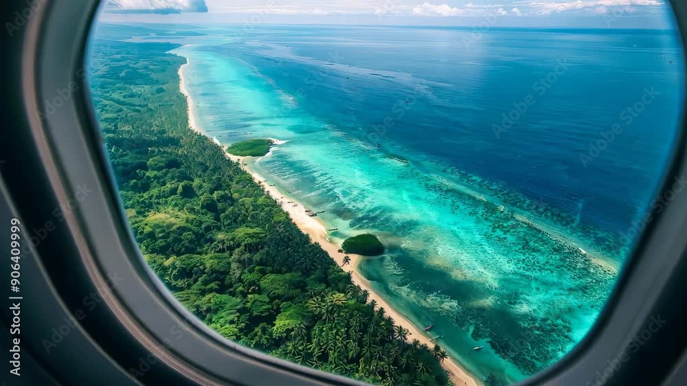 Tropical coastline seen from airplane window