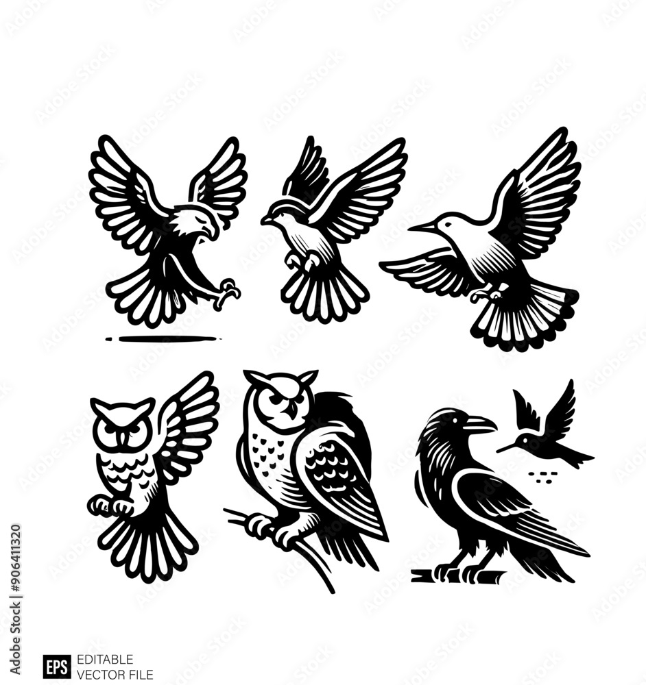 set of black and white birds set of black and white birds