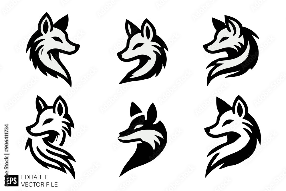 set of fox head vector graphic design black and white clip art silhouette set of fox head vector graphic design black and white clip art silhouette