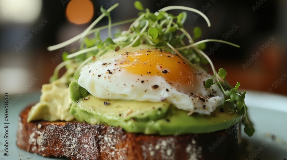 Gourmet Avocado Toast: Close-up of Creamy Mashed Avocado on Artisanal Bread Topped with Perfectly Poached Egg and Fresh Microgreens. Trendy Breakfast Dish Shows Healthy, Instagram-Worthy Food Styling.