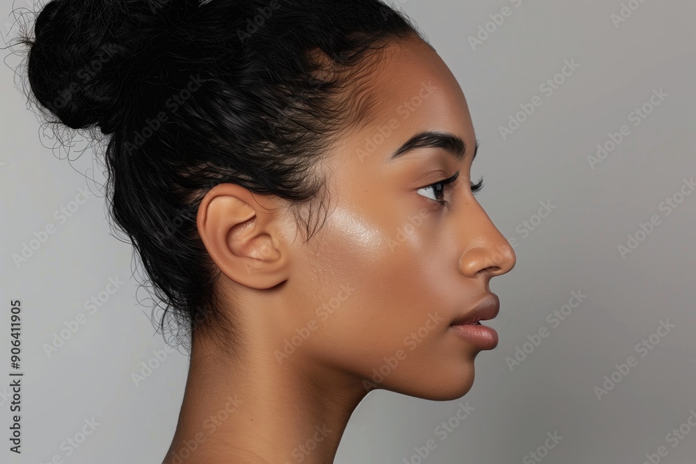 Elegant profile of a woman showcasing natural beauty and radiance against a neutral background Elegant profile of a woman showcasing natural beauty and radiance against a neutral background