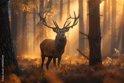 A majestic red deer stag standing in a misty European forest at dawn, with light filtering through the trees. © Nico