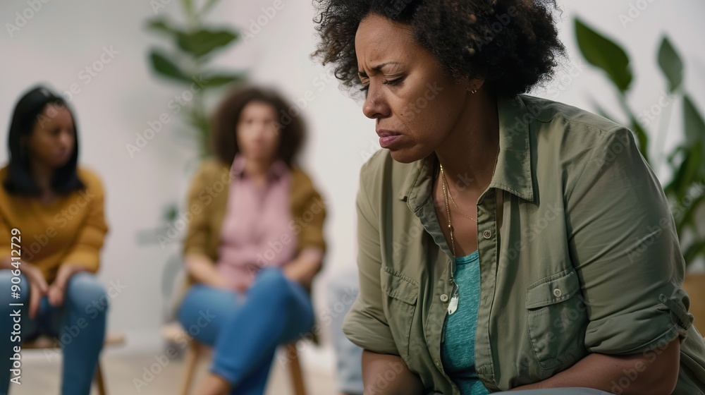 A woman showing signs of distress, sitting in a support group meeting. She is in focus while others in the background are blurred, highlighting her emotional struggle in a group therapy setting. A woman showing signs of distress, sitting in a support group meeting. She is in focus while others in the background are blurred, highlighting her emotional struggle in a group therapy setting.