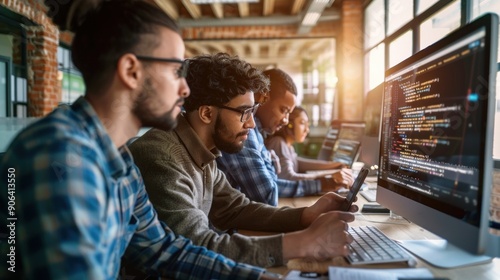 Team of young professionals working on computers and smartphones in a modern office. The focused atmosphere reflects collaboration and productivity in a tech-savvy work environment.