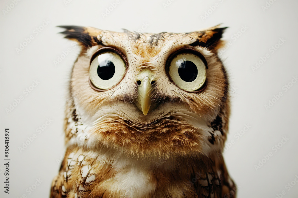 A detailed close-up of an owl with vivid and sharp features. The bird's large eyes and feathers are prominently displayed against a simple background. A detailed close-up of an owl with vivid and sharp features. The bird's large eyes and feathers are prominently displayed against a simple background.