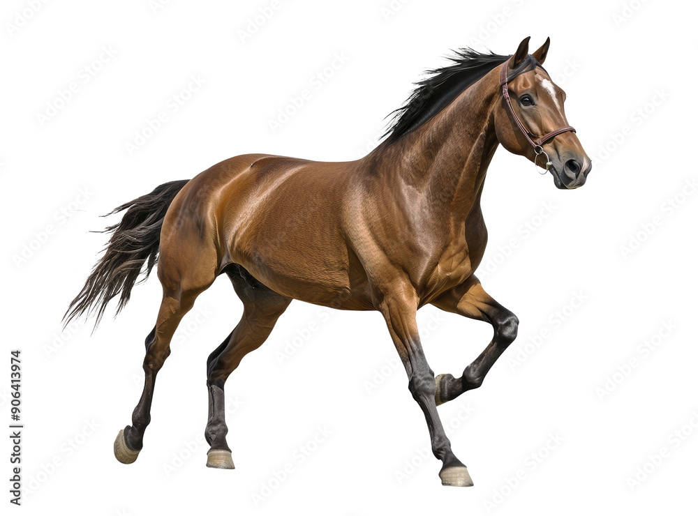 A majestic brown horse captured in motion, running against a clean white background. Its muscles and coat gleam vividly, highlighting its strength. A majestic brown horse captured in motion, running against a clean white background. Its muscles and coat gleam vividly, highlighting its strength.