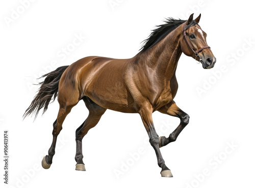 A majestic brown horse captured in motion, running against a clean white background. Its muscles and coat gleam vividly, highlighting its strength. photo