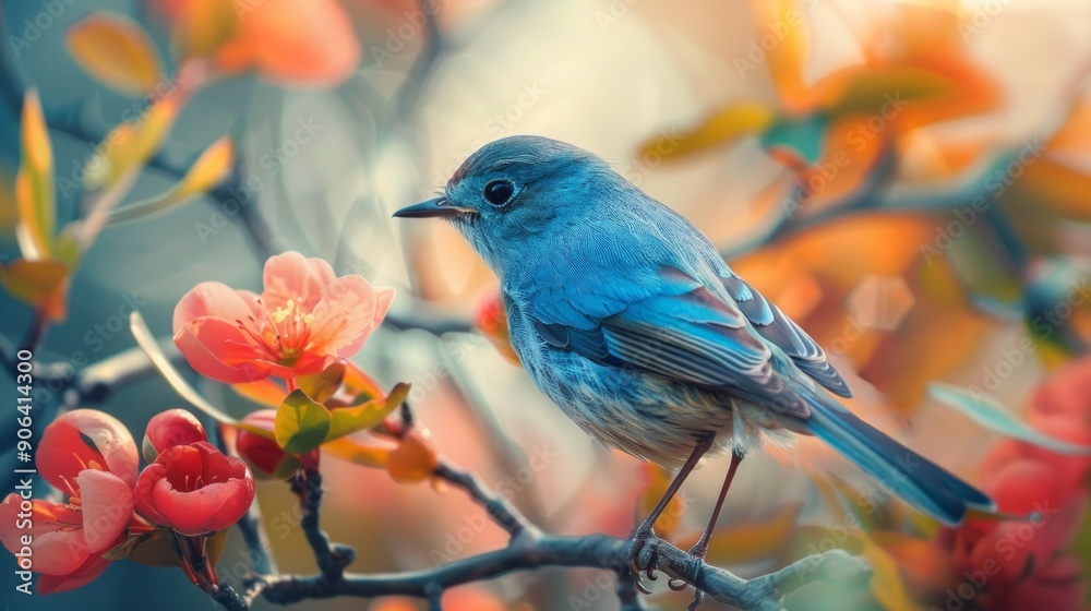 A bright blue bird sits on a branch with orange flowers, basking in warm sunlight in a tranquil setting. Sharply focused with a hazy background, creating a serene atmosphere. A bright blue bird sits on a branch with orange flowers, basking in warm sunlight in a tranquil setting. Sharply focused with a hazy background, creating a serene atmosphere.