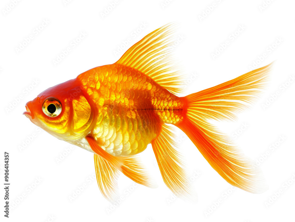 A vibrant orange goldfish with long flowing fins and scales is depicted swimming alone against a white background, showcasing its elegant beauty. A vibrant orange goldfish with long flowing fins and scales is depicted swimming alone against a white background, showcasing its elegant beauty.