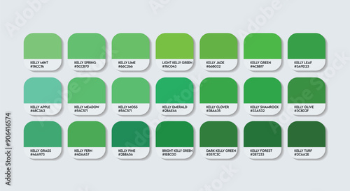 Kelly Green Color Palette, Kelly Color Guide Palette with Color Names. Catalog Samples of Kelly with RGB HEX codes and Names. Green Colors Palette Vector, Fashion Trend Kelly Green Color shades Vector