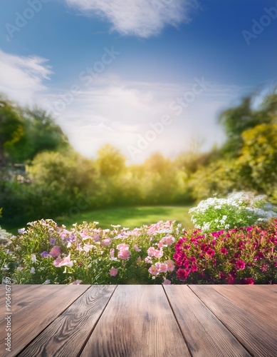 Fototapeta Naklejka Na Ścianę i Meble -  Summer flowers garden background with empty table in front.