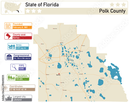Detailed infographic and map of Polk County in Florida USA.