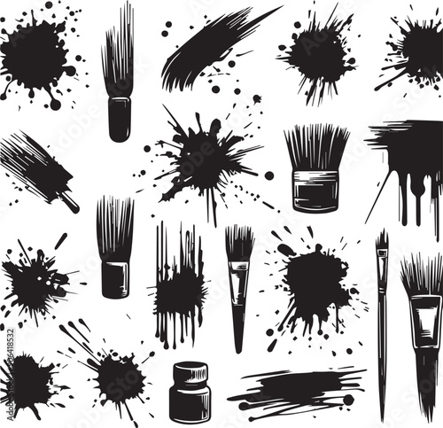 Ink splatter set, paint brush stroke kit, vector black grunge stain, graffiti texture liquid splash. Abstract dirty blob, messy shape drawing collection isolated on white,