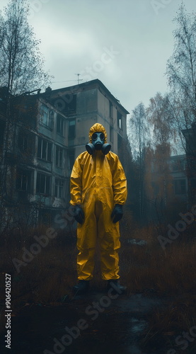 Man In A Yellow Suit Standing In A abandonate City
