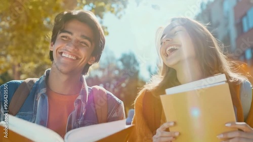 A young man and woman are sitting on a bench, smiling and holding open books. Scene is happy and relaxed, as the couple enjoys each other's company and the peaceful setting