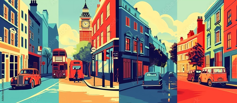 set of four retro abstract vector illustrations, London street scenes,