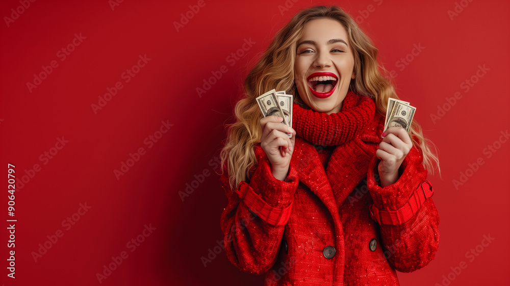 American woman in red coat shouting loudly yes celebrating lottery win isolated on red background. American woman in red coat shouting loudly yes celebrating lottery win isolated on red background.
