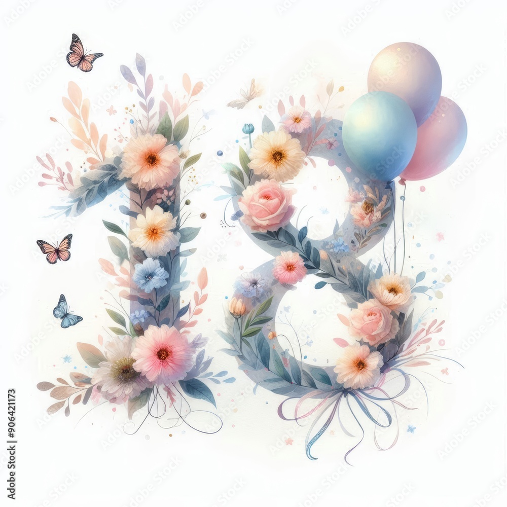 Obraz premium Whimsical floral arrangement celebrating an 18th birthday with pastel balloons.
