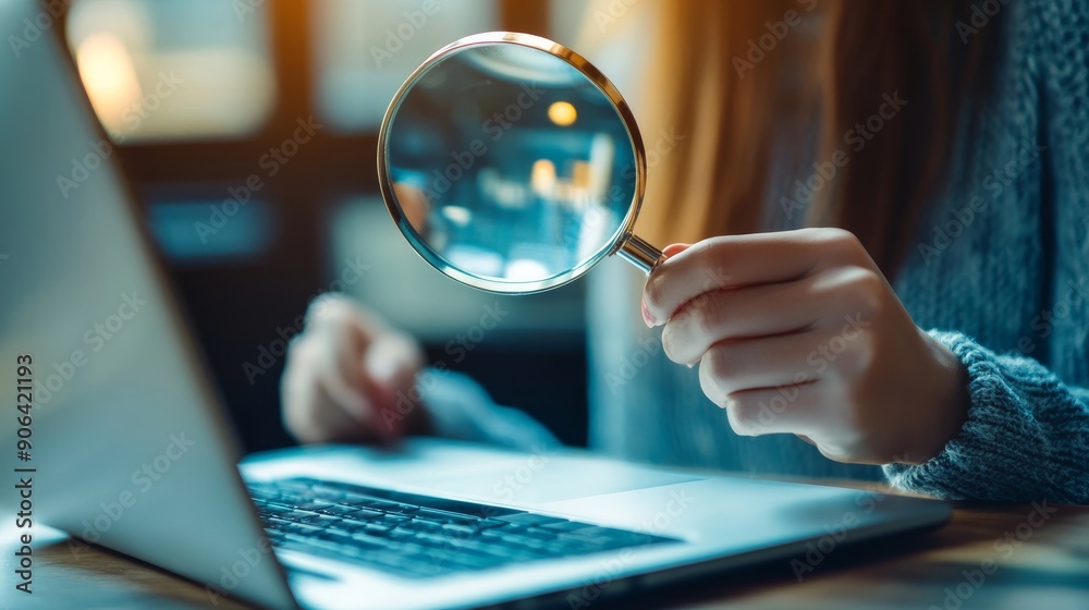 Put on a magnifying glass and examine the laptop's screen up close. woman looking over her notebook with a magnifying glass. broad panorama or banner. search idea
