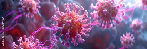 Microscopic 3D Rendering of Coronavirus with Spikes and Pink Filaments
