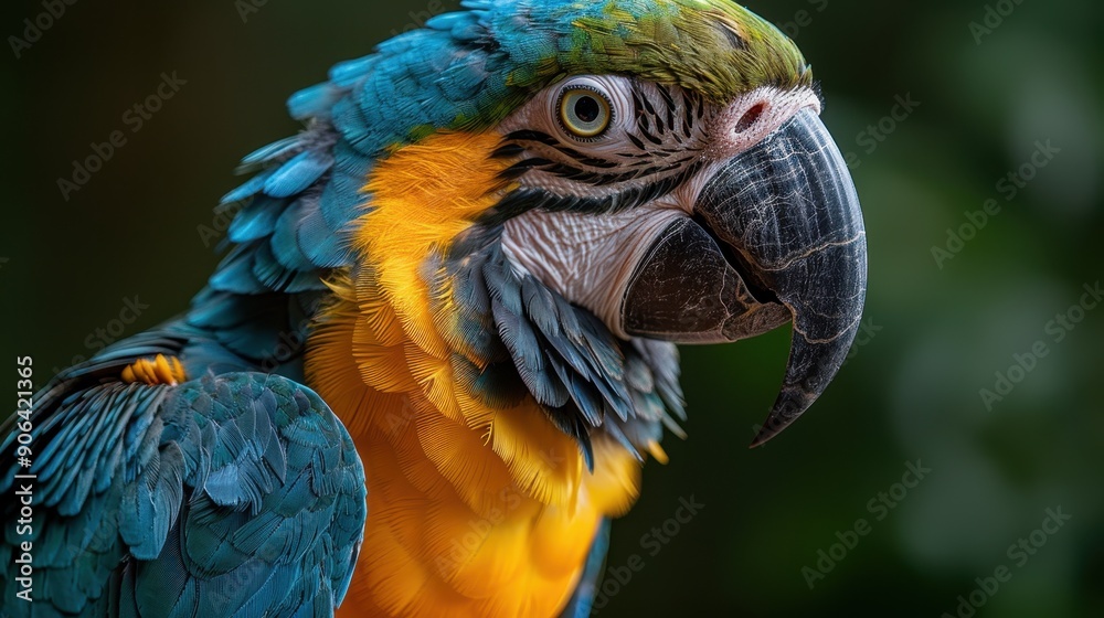 Fototapeta premium Closeup of a Blue and Gold Macaw's Head with Vibrant Feathers