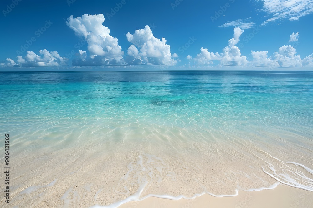 Tranquil Tropical Paradise: Crystal Clear Waters and Soft Sandy Beach Under a Bright Blue Sky Tranquil Tropical Paradise: Crystal Clear Waters and Soft Sandy Beach Under a Bright Blue Sky