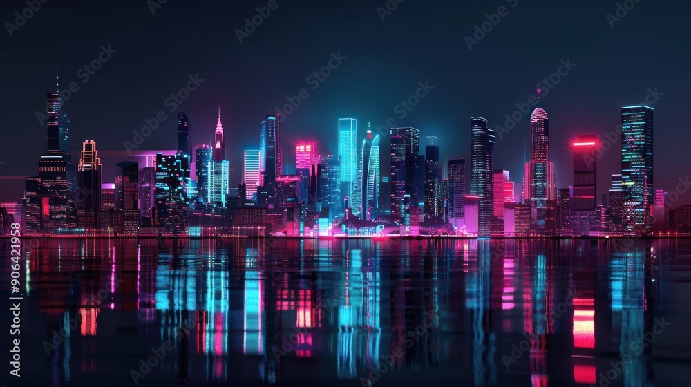 Obraz premium Neon Cityscape Reflected in Still Water