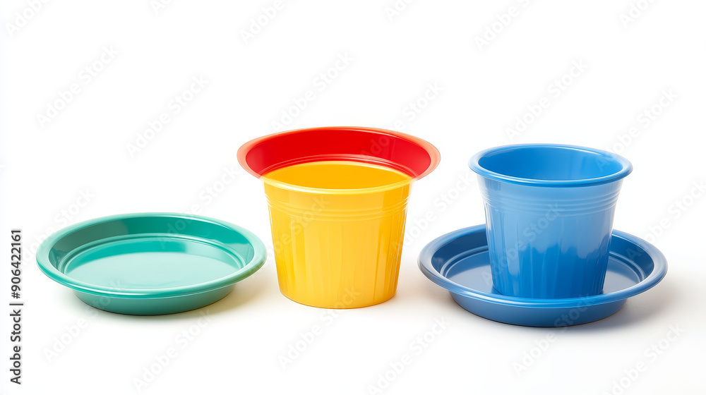 Plastic cups and plates isolated on white background. Plastic cups and plates isolated on white background.