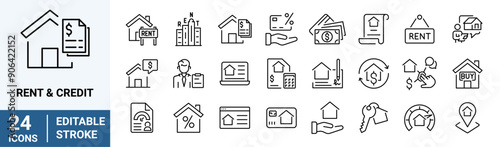Rent and Credit web line icons. Real estate buying, selling and renting signs set.