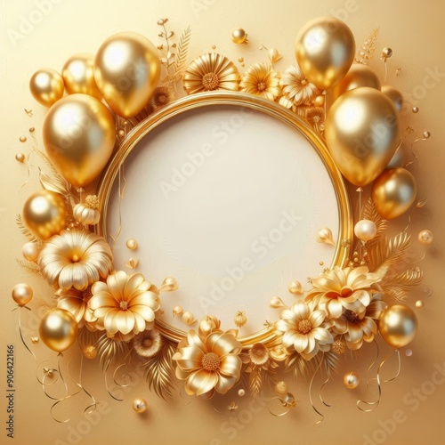 Elegant golden frame adorned with balloons and flowers for festive celebrations.
