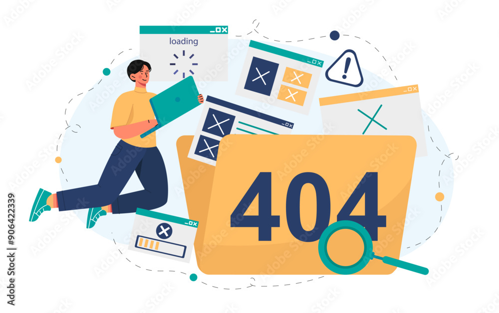 Man with 404 problem. Young guy with laptop near large empty folder. Access to information prohibited. Technical problems and incorrect link. Flat vector illustration Man with 404 problem. Young guy with laptop near large empty folder. Access to information prohibited. Technical problems and incorrect link. Flat vector illustration