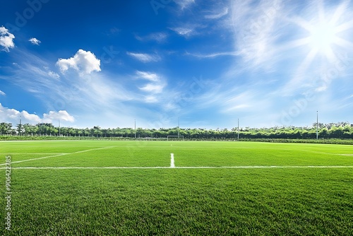 Green football field under blue sky background photo