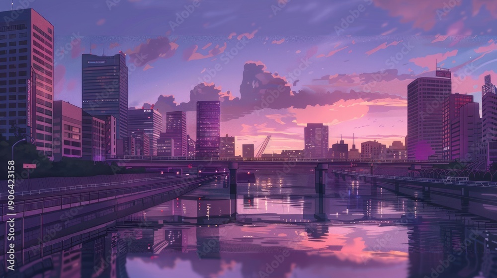 Naklejka premium Cityscape at Twilight with a Bridge and River
