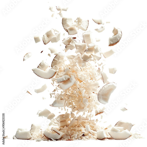 falling Dry coconut flakes isolated on transparent background 