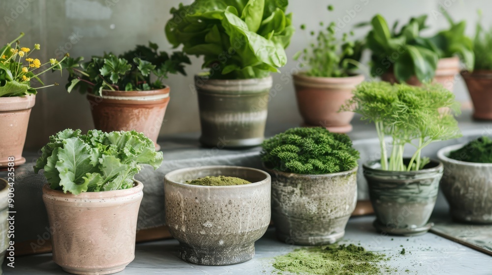 Ceramic pots showcase an array of vibrant green plants, enhancing the natural ambiance of the space Ceramic pots showcase an array of vibrant green plants, enhancing the natural ambiance of the space