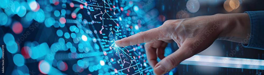 A hand pointing at a computer screen with a blue background. Concept of technology and the importance of using it to navigate and interact with the digital world. Scene is focused and determined A hand pointing at a computer screen with a blue background. Concept of technology and the importance of using it to navigate and interact with the digital world. Scene is focused and determined