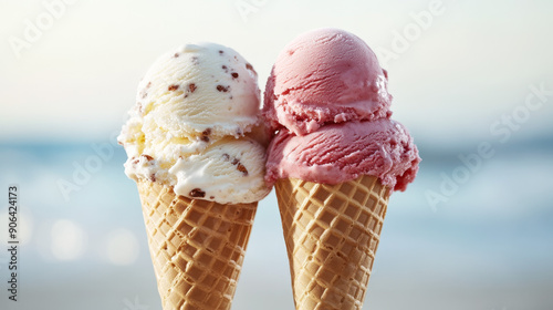 Two ice cream cones on background, featuring different flavors and toppings. photo