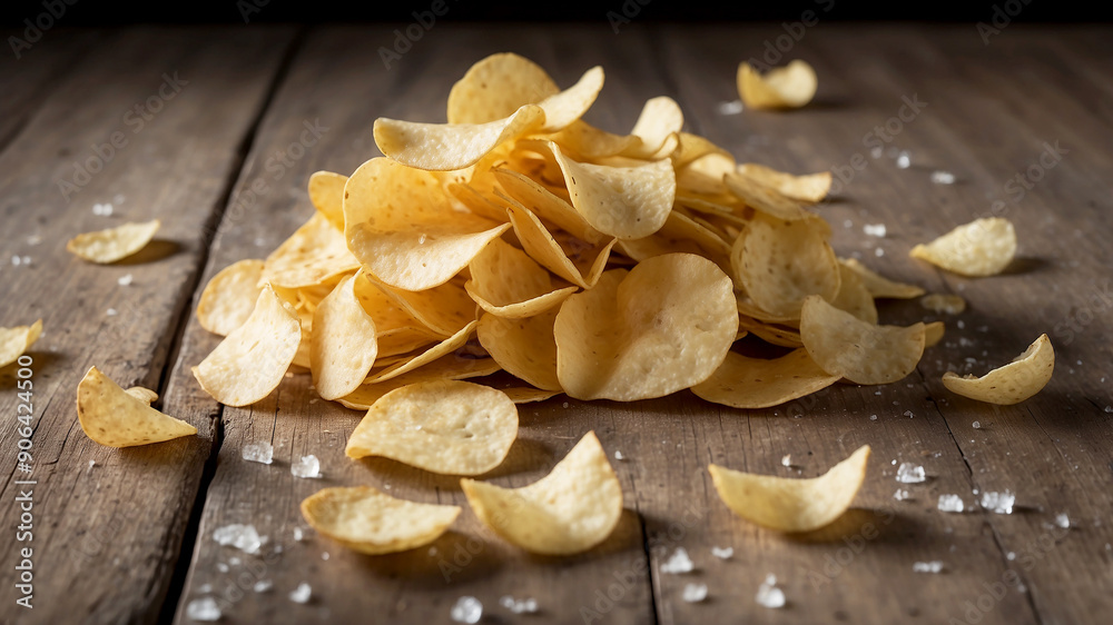 potato chips on a rustic wooden table, with some chips partially broken and a sprinkle of sea salt visible potato chips on a rustic wooden table, with some chips partially broken and a sprinkle of sea salt visible