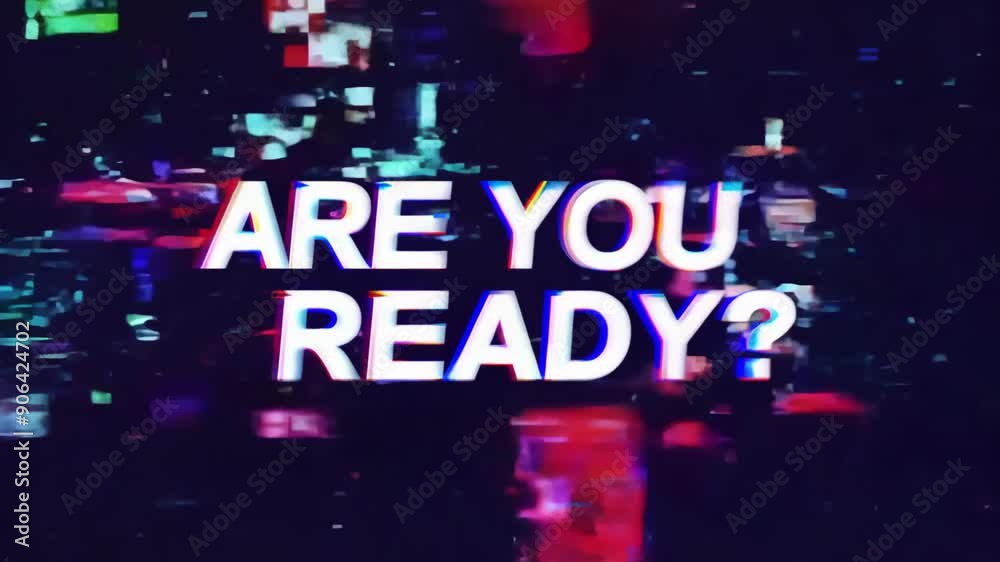 Retro animation of glowing text ARE YOU READY with glitch effect on black background. 8 bit game screensaver. Distorted VHS font. Comic style computer letters. Game design, console screen concept