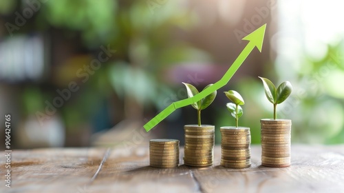 A Row of Coins With Plants Growing on Top and an Upward Arrow